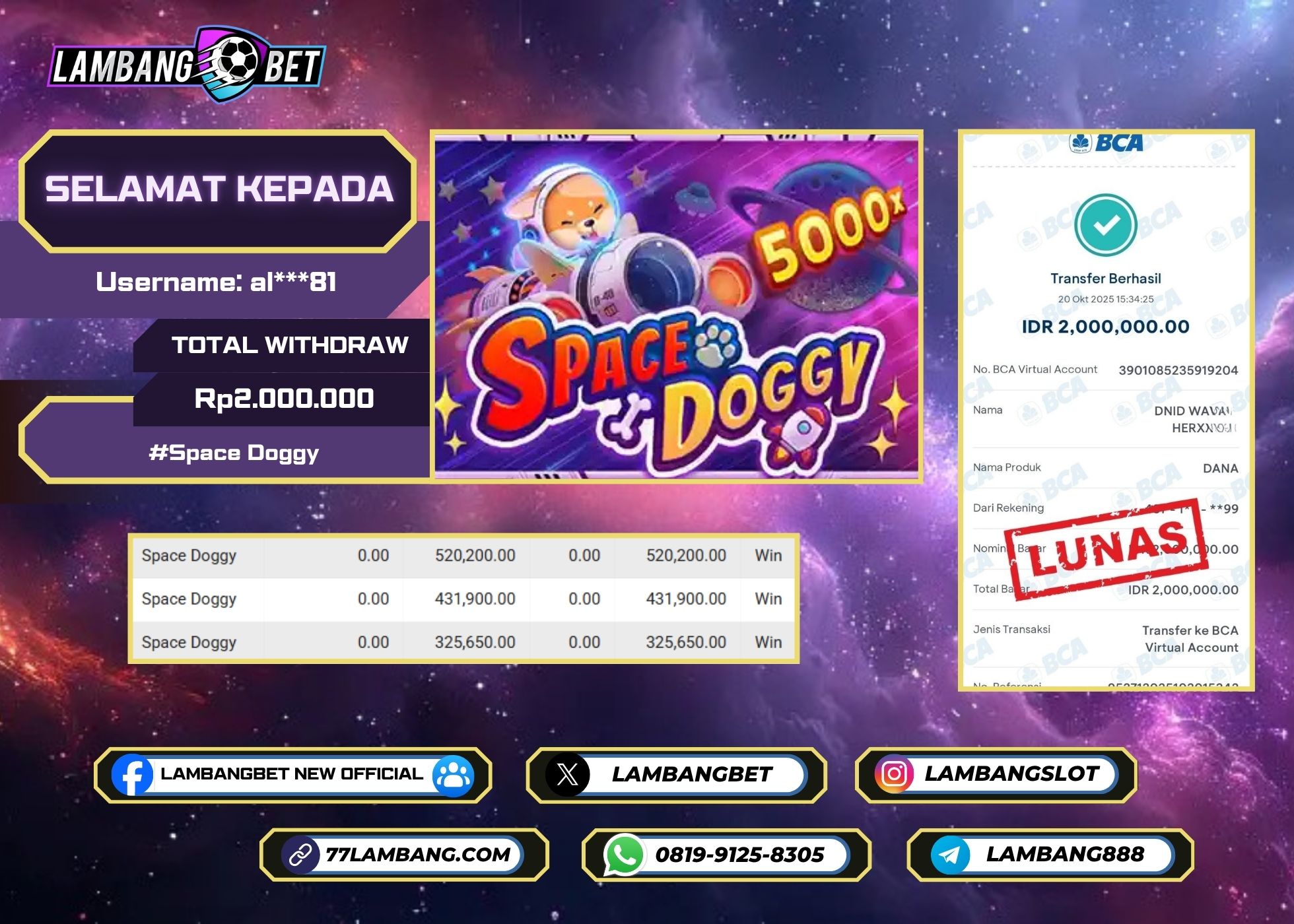 LAMBANGBET [20 OKTOBER 2025] JACKPOT SLOT Space Doggy "Rp2.000.000" LUNAS